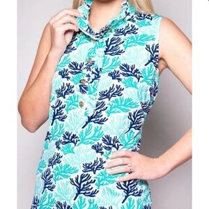 Katherine Way Campeche Dress Size Small Blue Green Coral Print